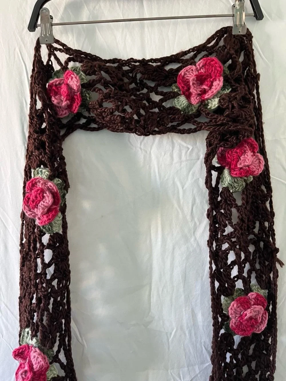 Handmade Vintage Whimsical Brown Knitted Floral Neck Scarf With Fringe